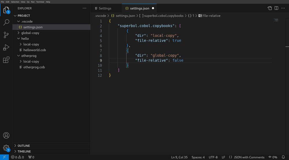 Editing copybook paths in <code>.vscode/settings.json</code>